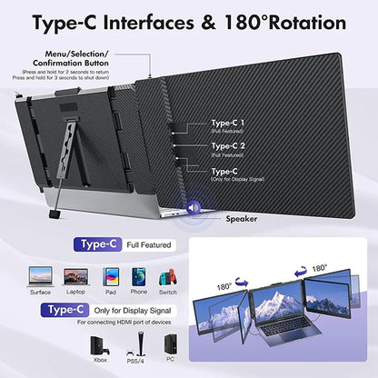 Triple Portable Monitor for Laptop for 13.3 to 16.5 Inch Laptops 14 Inch Dual Screen Laptop Screen Extender S2