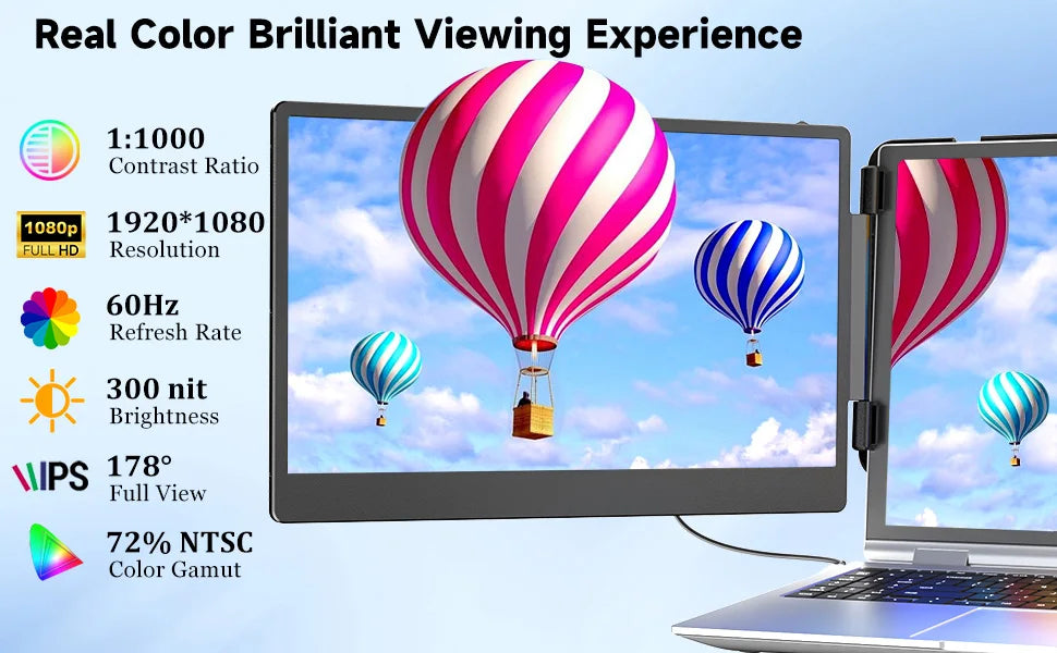 14 Inch High Brightness Full HD 1080P IPS Adjustable S1 Portable Laptop Screen Extender Monitor for Business Gaming Travel