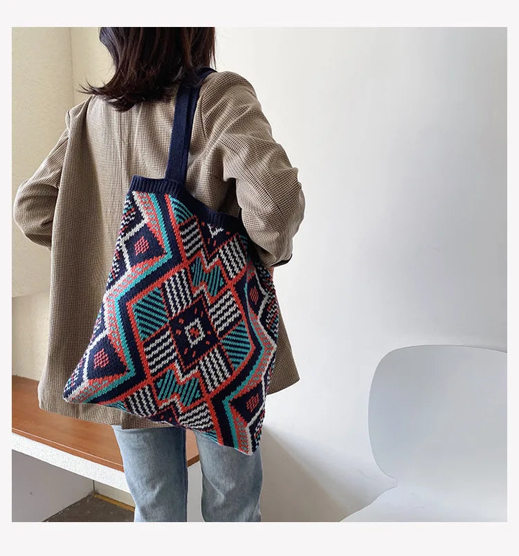 Lady Knitting Gypsy Bohemian Boho Chic Aztec Tote Bag Women Crochet Woolen Open Shopper Top-handle Bag 2022 Female Daily Handbag