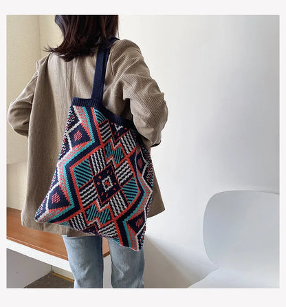 Lady Knitting Gypsy Bohemian Boho Chic Aztec Tote Bag Women Crochet Woolen Open Shopper Top-handle Bag 2022 Female Daily Handbag