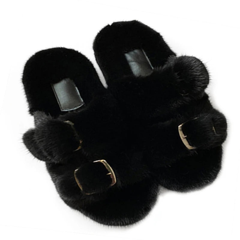 Wholesale Fashion Custom Winter Warm Luxury Fur Slippers Real Mink Fur Slides for Women Ladies Shoes