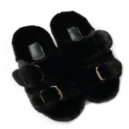 Wholesale Fashion Custom Winter Warm Luxury Fur Slippers Real Mink Fur Slides for Women Ladies Shoes