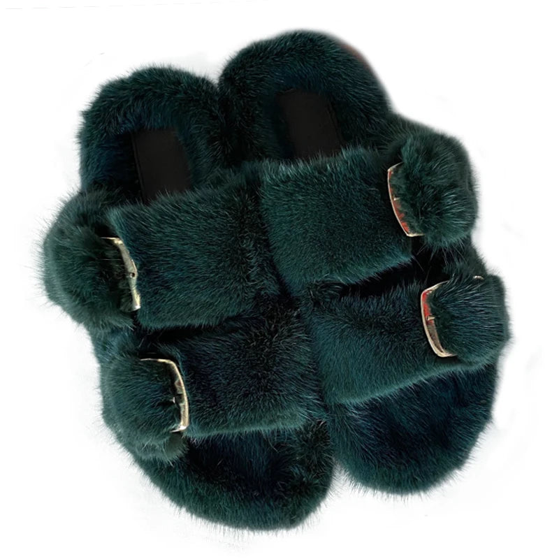 Wholesale Fashion Custom Winter Warm Luxury Fur Slippers Real Mink Fur Slides for Women Ladies Shoes