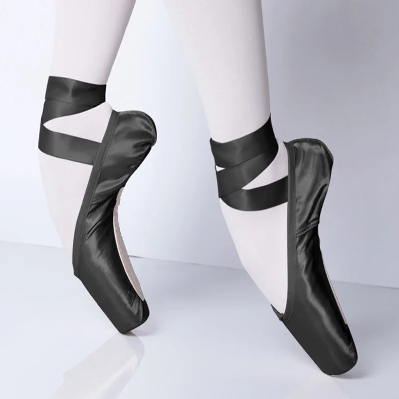Black Satin Ballet Pointe Shoes Ladies Professional Ballet Shoes Girls Women Ballerina Shoes With Ribbons