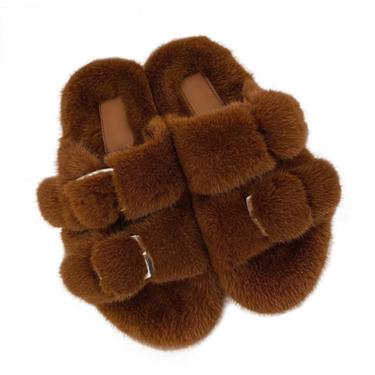 Wholesale Fashion Custom Winter Warm Luxury Fur Slippers Real Mink Fur Slides for Women Ladies Shoes