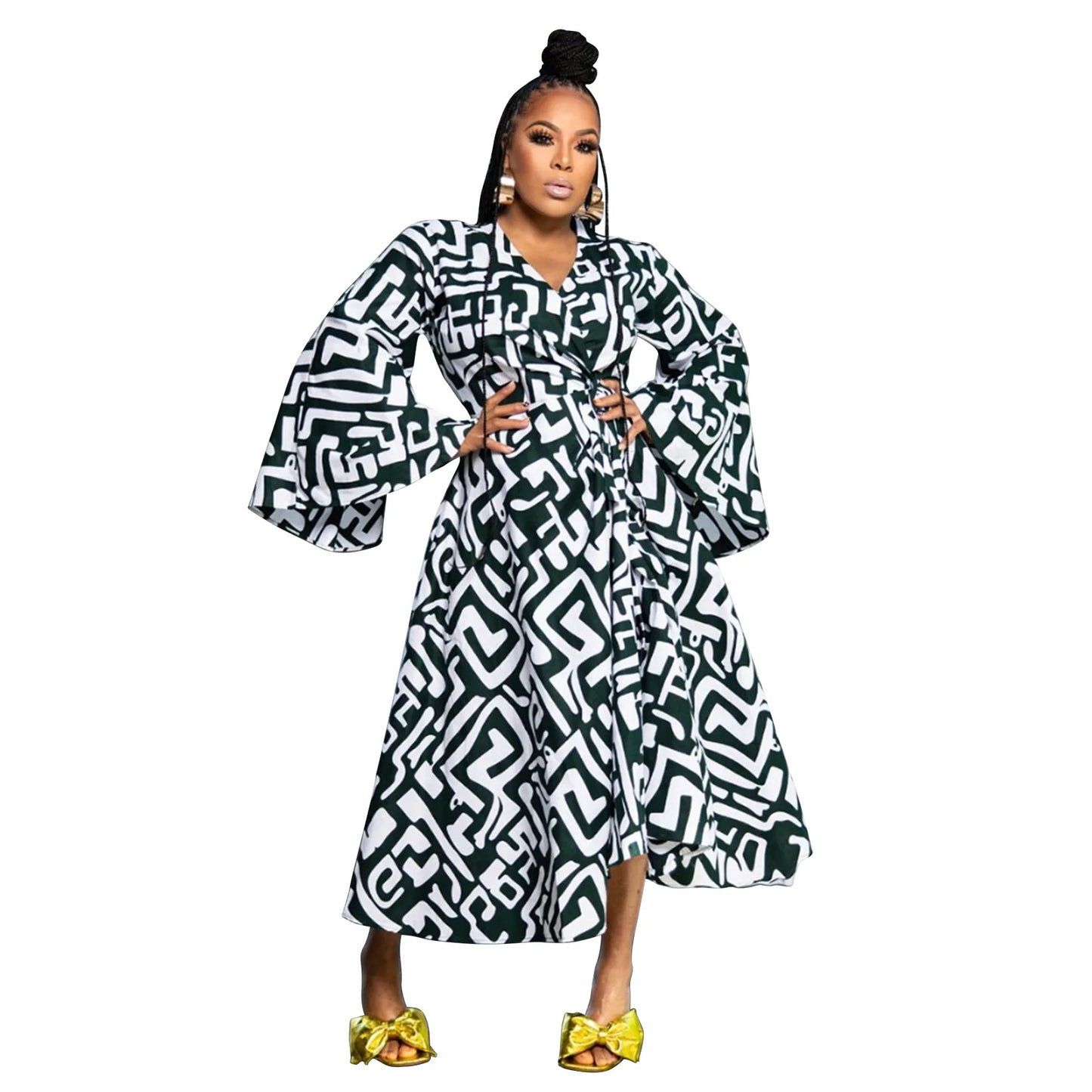 N8038 Cross-border Large-sized African Women's Clothing Autumn New Style Lace-up Irregular Dress With Large Swing Long-sleeved