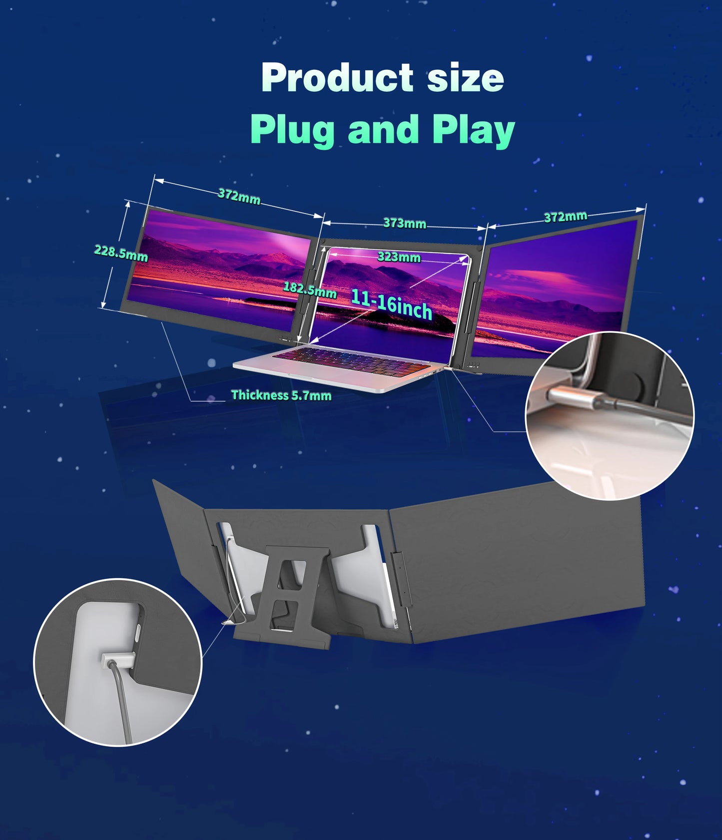 OEM/ODM Factory-Approved Triple Laptop Screen Extender Dual 15.6 Inch 1080P LCD Monitors Portable Tri Screen Monitor for IPS TFT