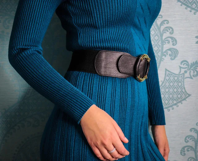 Women’s Elastic Stretch Wide Waist Belts w Wrapped Gold Circle Buckle
