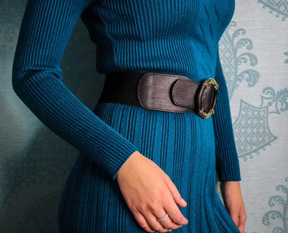 Women’s Elastic Stretch Wide Waist Belts w Wrapped Gold Circle Buckle