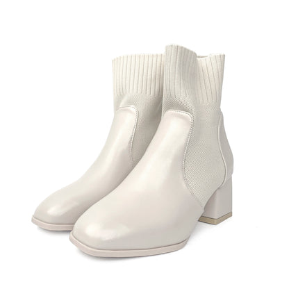 Big Sexy Booty Winter Women's Middle Cylinder Short Boots Chunky Heel Thick Bottom White Lace up Socks Leather Ladies Shoes