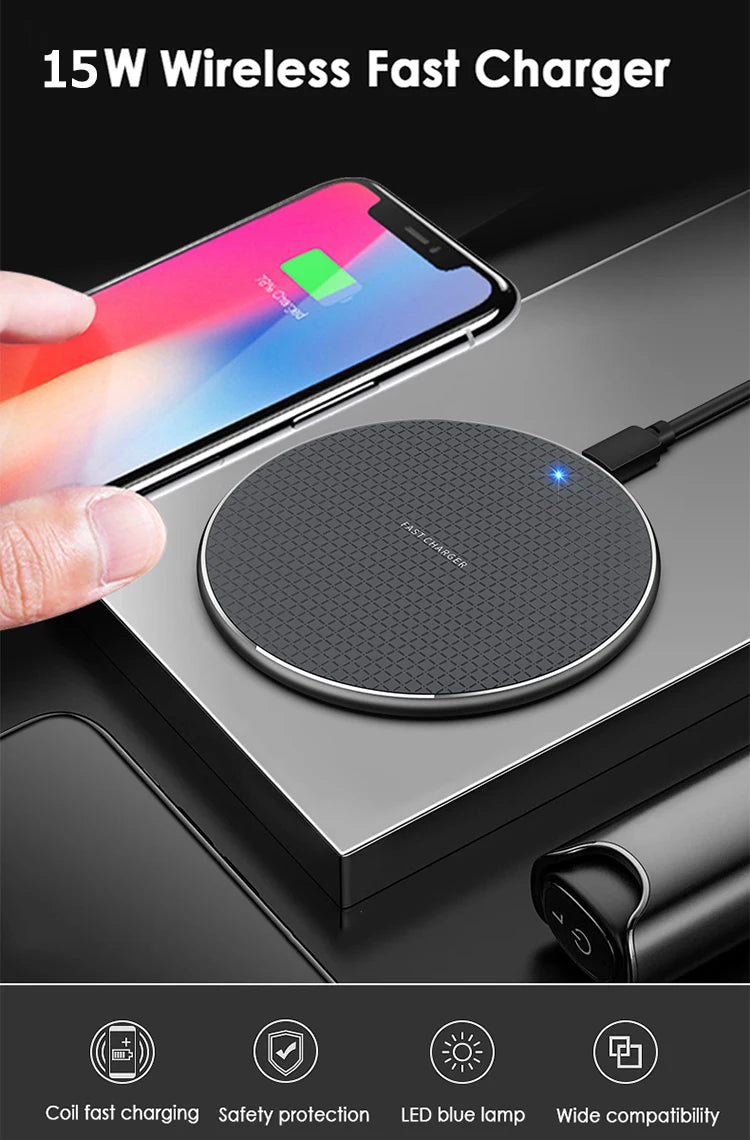 15W Wireless Charger Fast Charging Pad for Samsung S20 S10 Note 20 10+ S9 iPhone 11 12 Pro Xs Max X 8 Metal Wireless Charge Dock