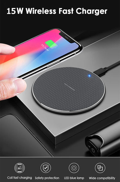 15W Wireless Charger Fast Charging Pad for Samsung S20 S10 Note 20 10+ S9 iPhone 11 12 Pro Xs Max X 8 Metal Wireless Charge Dock