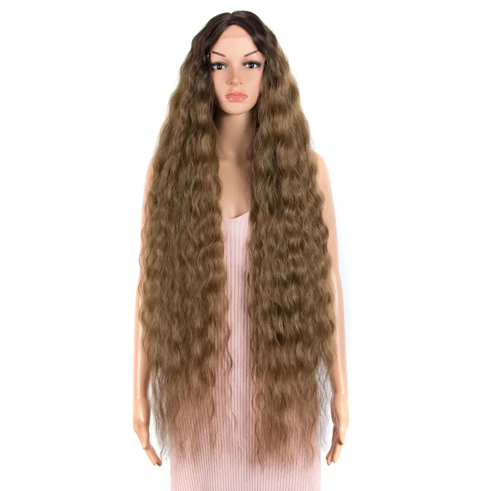 FASHION IDOL 42" Loose Wave Lace Front Wig Hair Synthetic Wigs For Women Ombre Blonde Water Wavy Long Curly Hair Wig Cosplay