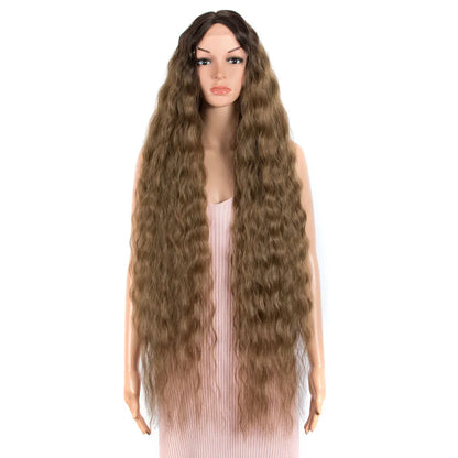 FASHION IDOL 42" Loose Wave Lace Front Wig Hair Synthetic Wigs For Women Ombre Blonde Water Wavy Long Curly Hair Wig Cosplay