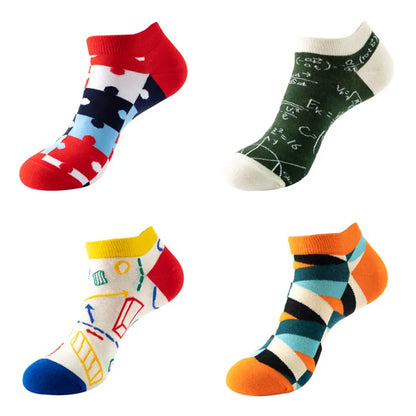 4 pairs Men's And Women's Latest Design Boat Socks Short Summer Socks Quality Business Geometric Lattice Colorful  Cotton Socks