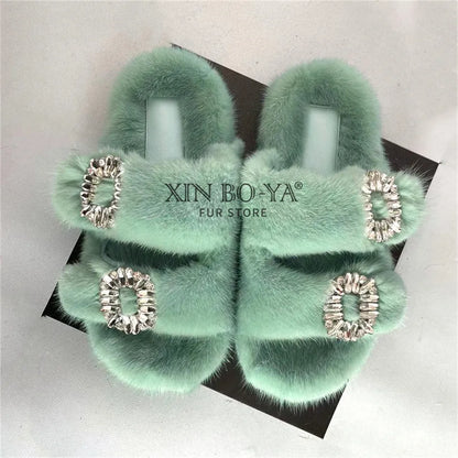 Summer Women Mink Fur Slippers Woman Luxury 2026 Women's Sandals Outdoor Fashion Casual Shoes Fur Mule Shoes Opentoed Slides