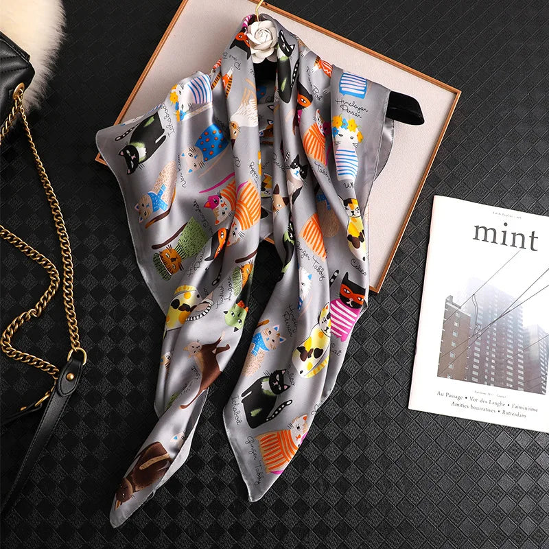 Spring and summer NEW Luxury Brand 90x90cm Silk Square Scarf Women Tie Hairband Cat printed Scarves Female Foulard scarf stores