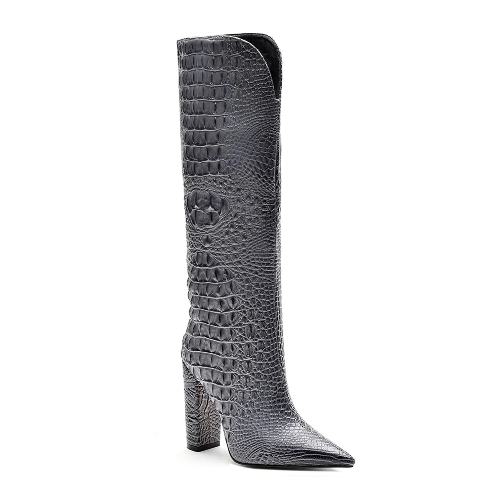 Custom Elegant Women's Knee High Heels Boots Hot Selling Pointed Toe Ladies Shoes with Chunky Heel for Winter