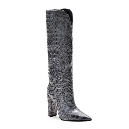 Custom Elegant Women's Knee High Heels Boots Hot Selling Pointed Toe Ladies Shoes with Chunky Heel for Winter