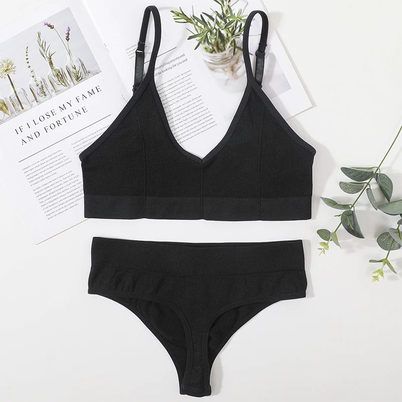 Women Bra Set Seamless Bra V Neck Tops High Waist Thongs Underwear Bralette Comfort Wire Free Brassiere Lingerie Set