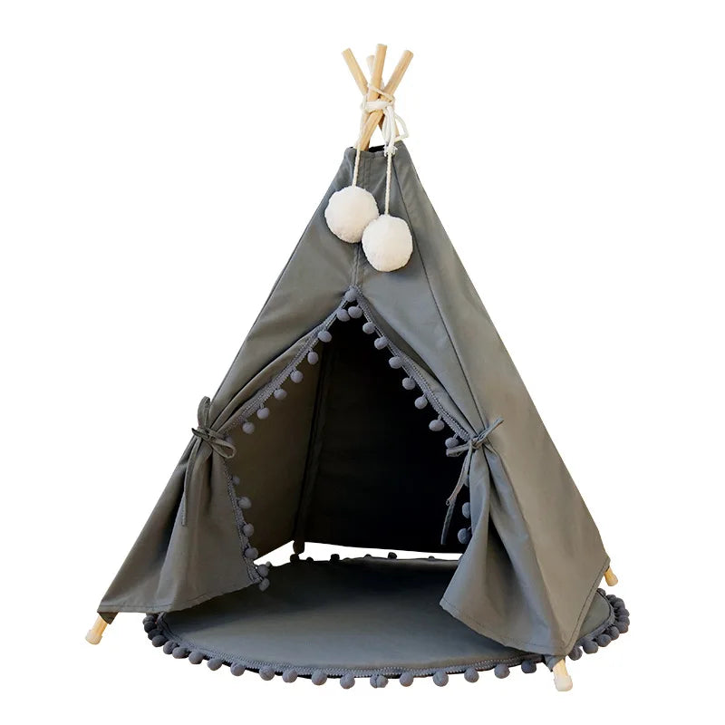 Indoor Foldable Pet Teepee Tent Cat Cave Bed Removable Cover Pattern Windows Washable Comfortable Breathable Canvas for Cats