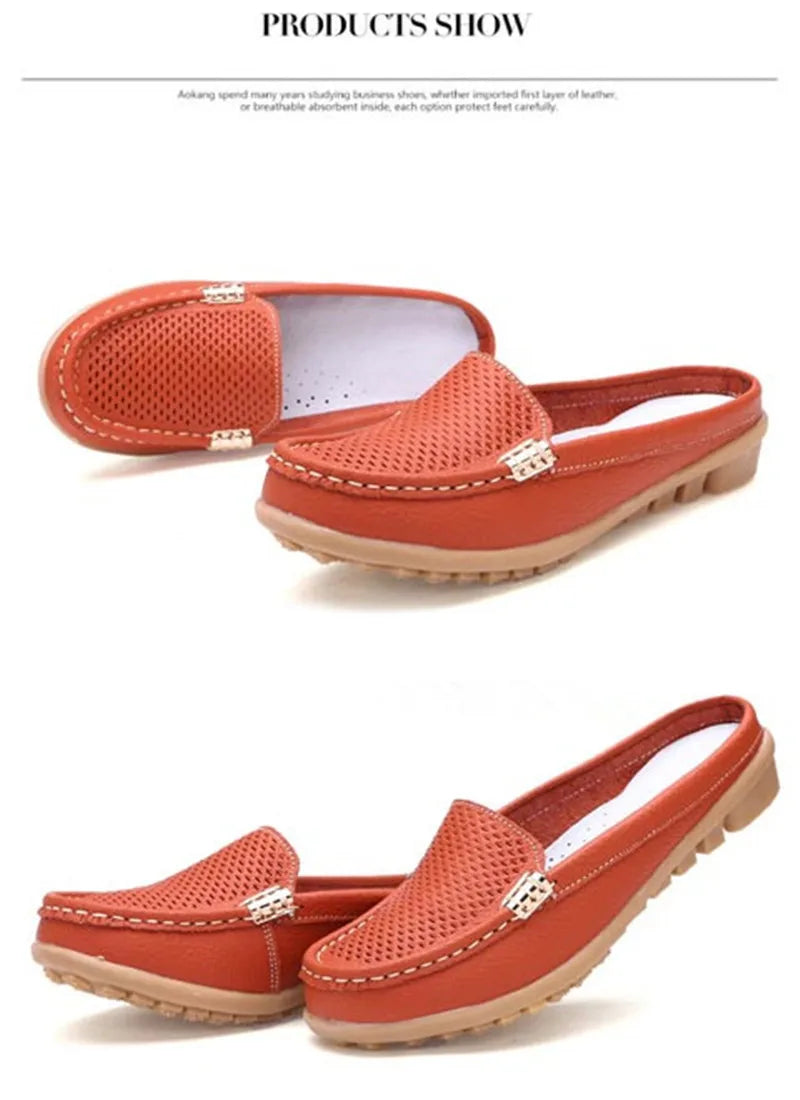 Women Casual Shoes Hollow Out Lady Half Lofers Genuine Leather Flats Moccasins Women Luxury Brand Half Slippers Zapatillas Mujer