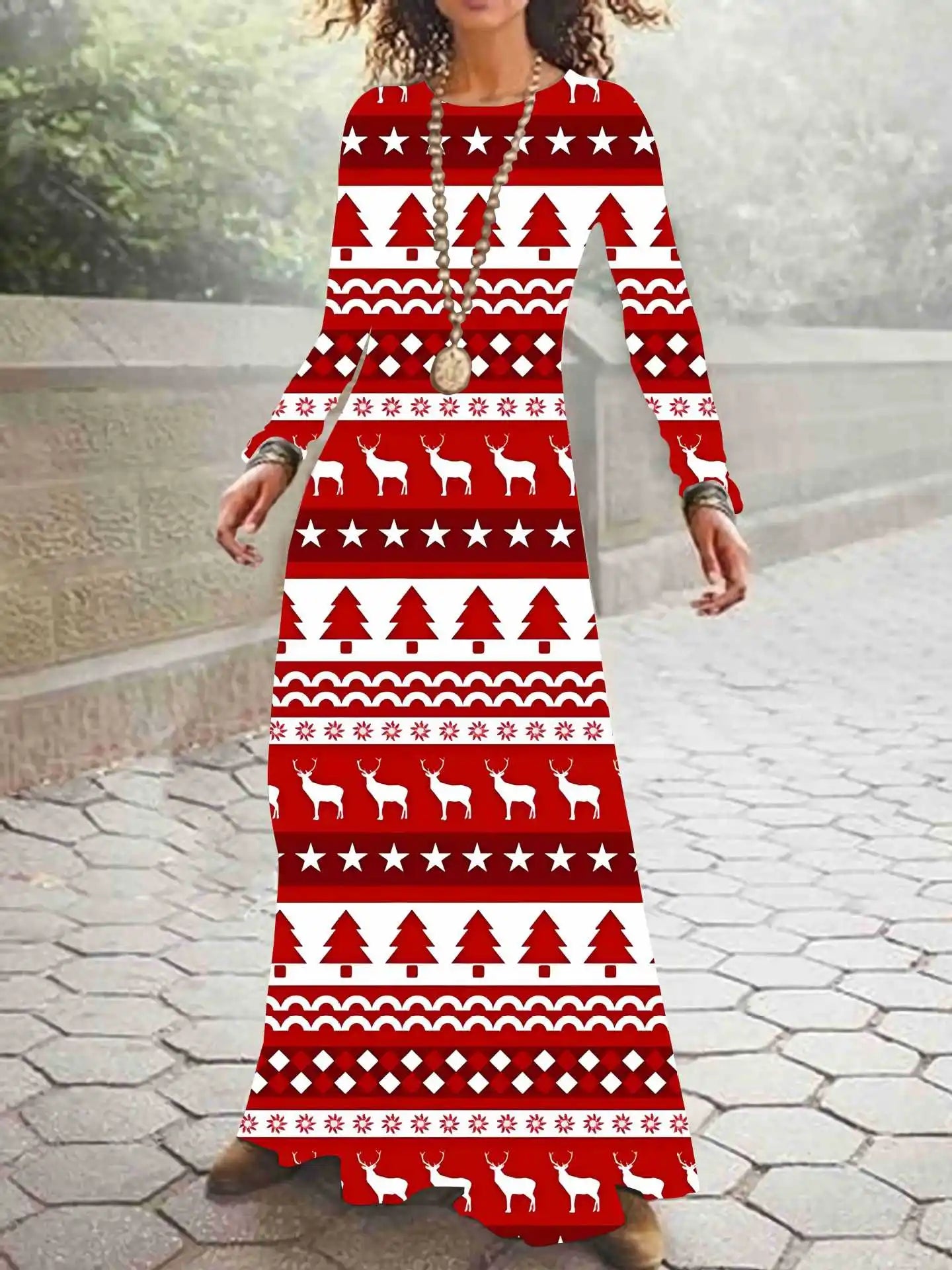 Print on Demand New Autumn and Winter Long Sleeved Christmas 3D Digital Printed Dress