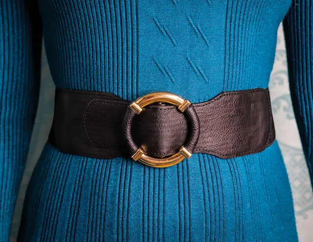 Women’s Elastic Stretch Wide Waist Belts w Wrapped Gold Circle Buckle