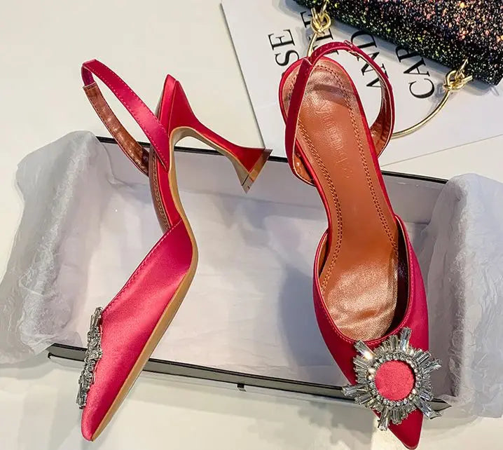 Brand Women Pumps Luxury Crystal Slingback High Heels Summer Bride Shoes Comfortable Triangle Heeled Party Wedding Shoes