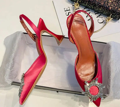 Brand Women Pumps Luxury Crystal Slingback High Heels Summer Bride Shoes Comfortable Triangle Heeled Party Wedding Shoes