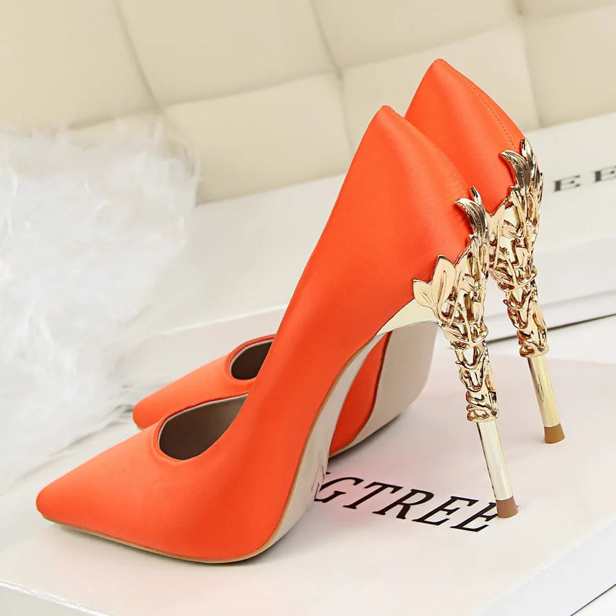 Metal Carved Thin Heel High Heels Pumps Women Shoes Sexy Pointed Toe Ladies Shoes Fashion Candy Colors Wedding Shoes WomanMetal