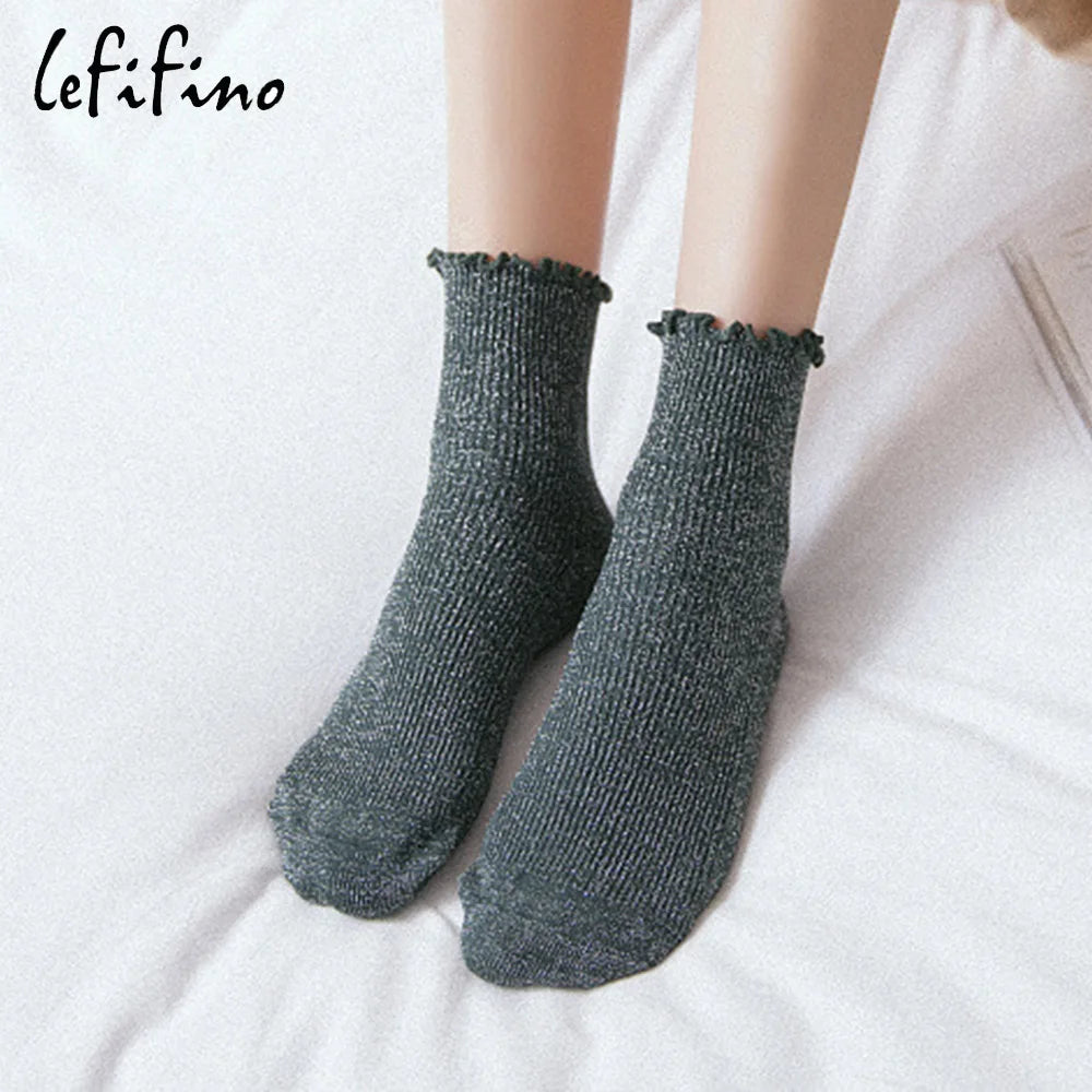 Fashion Retro Shining Surface Daily Women's Socks Pure Cotton Sweet Girl Rib Knit Spring Summer Socks Shiny Woman Simple Socks