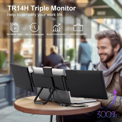 SIBOLAN 14 Inch Triple Portable Monitor 1920*1200P IPS LCD Tri Screen Extender Laptop Patent Design Dual Type-c USB 3.0 Display