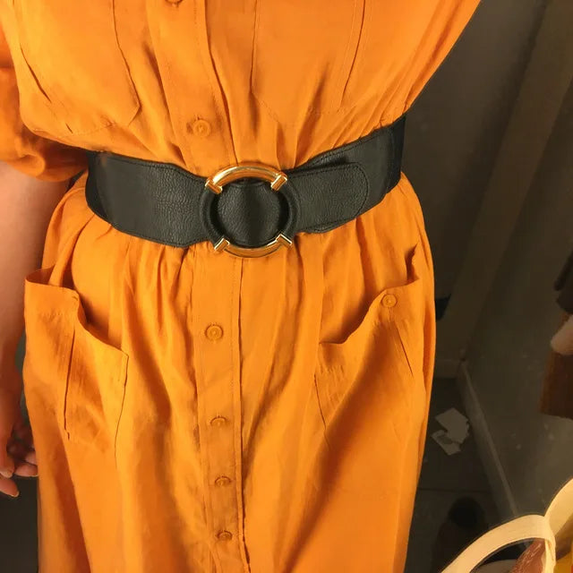 Women’s Elastic Stretch Wide Waist Belts w Wrapped Gold Circle Buckle