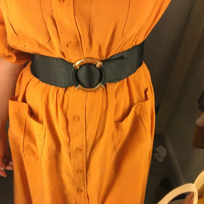 Women’s Elastic Stretch Wide Waist Belts w Wrapped Gold Circle Buckle