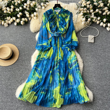 LE2639 Oil Print Midi Dress Lady French Vintage Elegant Dress Women'S Plicated Splicing Long Sleeve Waist Print Chiffon Dresses