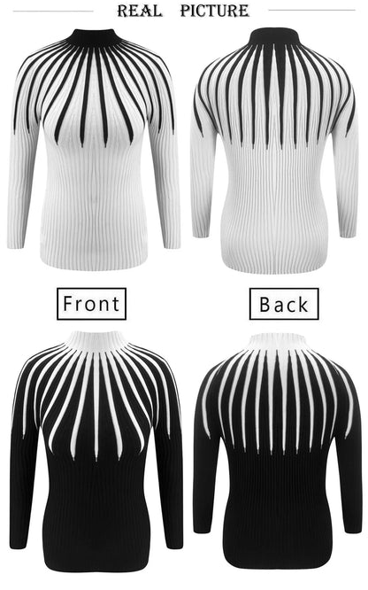Fashion Bodycon Black White Women Pullover 2021 Autumn Winter Color Matching Knitting Female Turleneck Long Sleeve Sexy Sweater