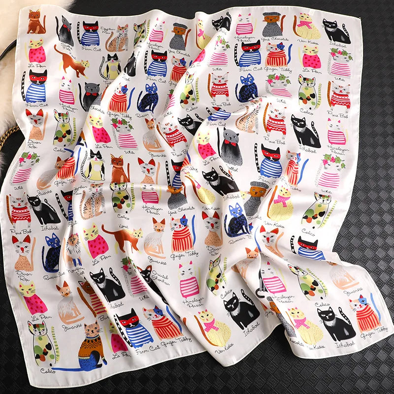 Spring and summer NEW Luxury Brand 90x90cm Silk Square Scarf Women Tie Hairband Cat printed Scarves Female Foulard scarf stores