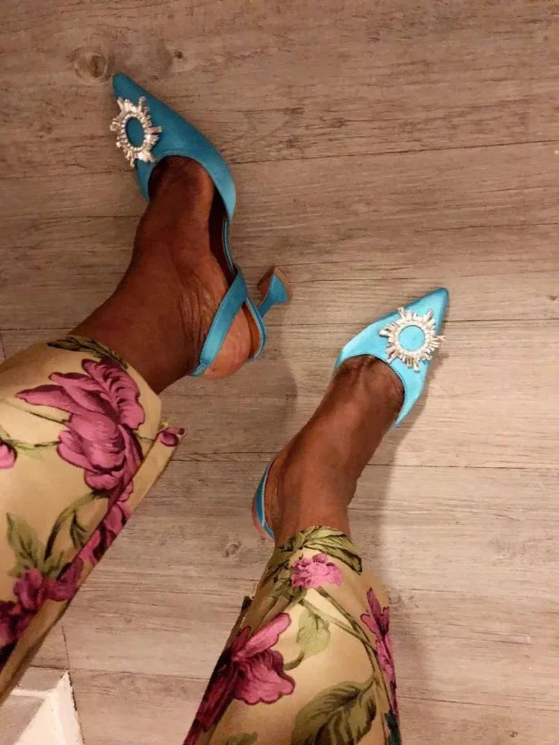 Brand Women Pumps Luxury Crystal Slingback High Heels Summer Bride Shoes Comfortable Triangle Heeled Party Wedding Shoes
