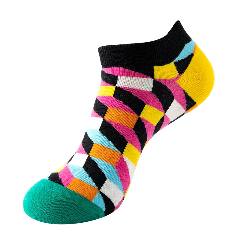 4 pairs Men's And Women's Latest Design Boat Socks Short Summer Socks Quality Business Geometric Lattice Colorful  Cotton Socks