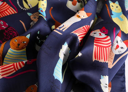 Spring and summer NEW Luxury Brand 90x90cm Silk Square Scarf Women Tie Hairband Cat printed Scarves Female Foulard scarf stores