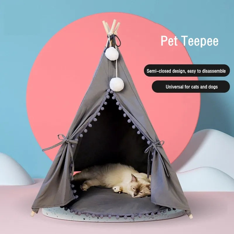 Indoor Foldable Pet Teepee Tent Cat Cave Bed Removable Cover Pattern Windows Washable Comfortable Breathable Canvas for Cats