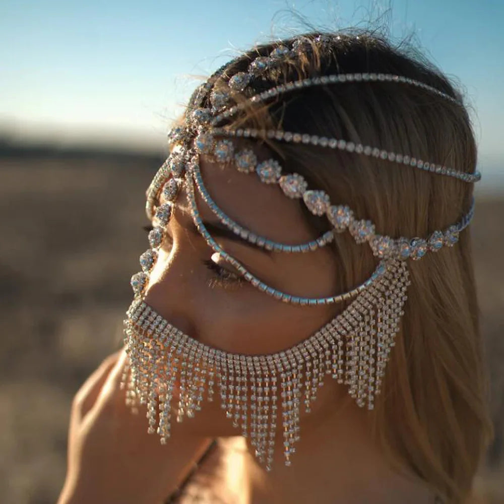 Charms Sexy Rhinestone Tassel Masquerade Face Jewelry For Women Facial Accessories Banquet Party Mask Full Face Chain Decoration