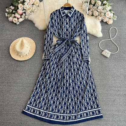 Autumn Korean Version Mature Style Retro Elegant Turtleneck Ultra High Waist Waist-Cinching Slimming Printed BASICS Shirt Dress