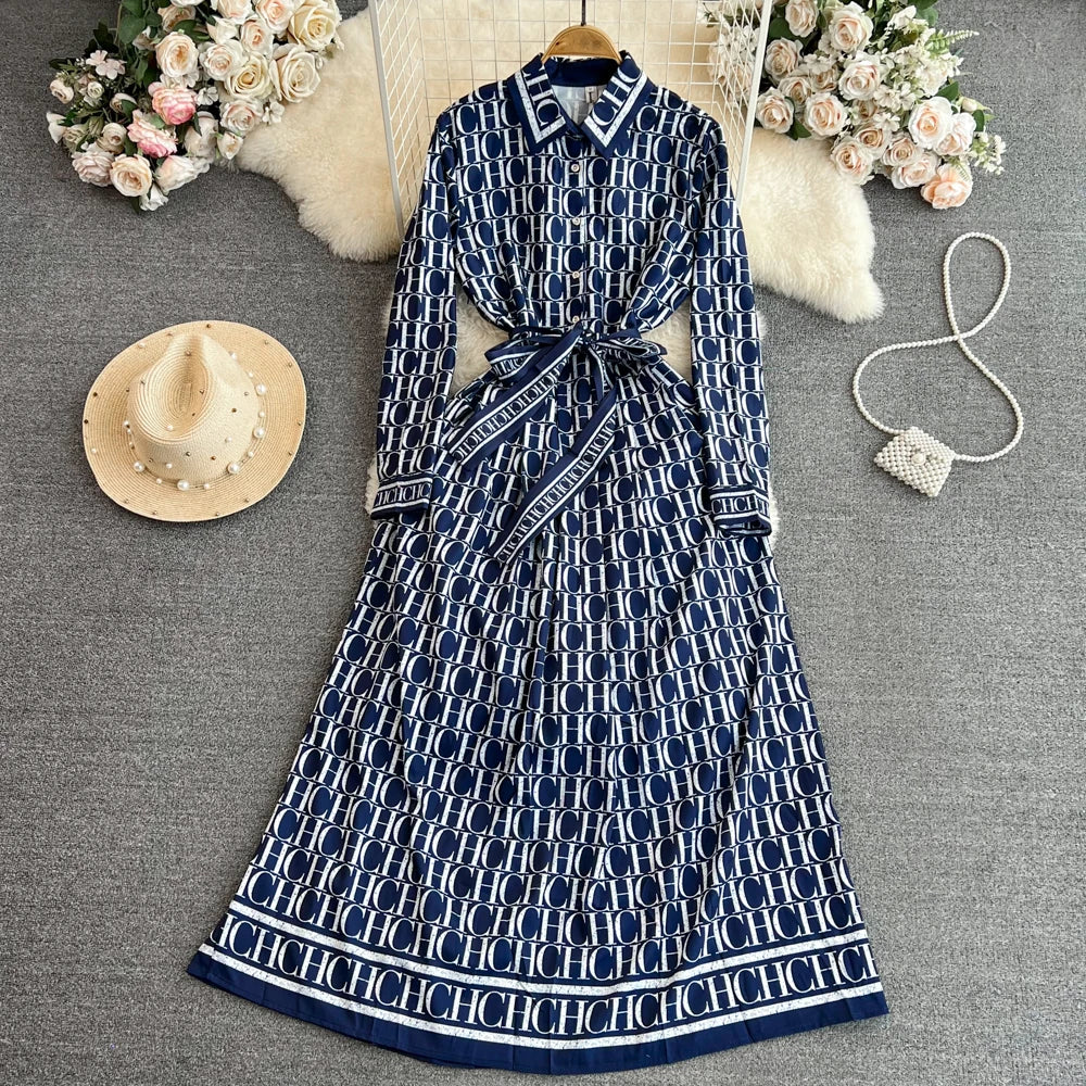 Autumn Korean Version Mature Style Retro Elegant Turtleneck Ultra High Waist Waist-Cinching Slimming Printed BASICS Shirt Dress