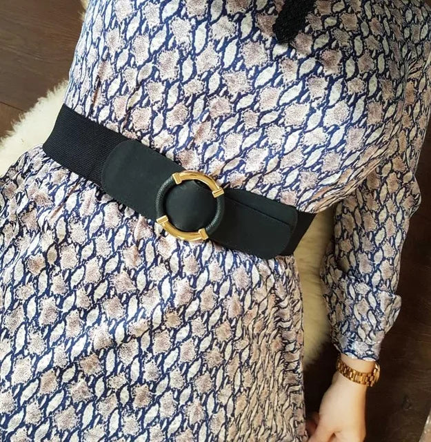 Women’s Elastic Stretch Wide Waist Belts w Wrapped Gold Circle Buckle