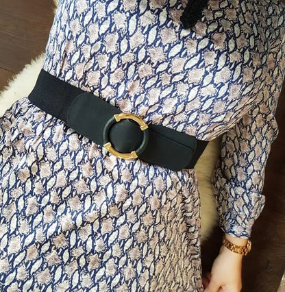 Women’s Elastic Stretch Wide Waist Belts w Wrapped Gold Circle Buckle