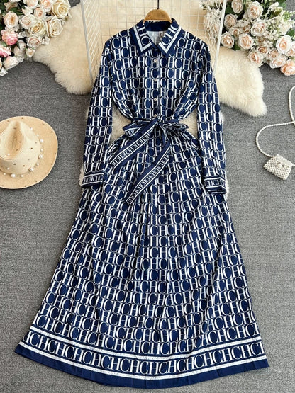 Autumn Korean Version Mature Style Retro Elegant Turtleneck Ultra High Waist Waist-Cinching Slimming Printed BASICS Shirt Dress