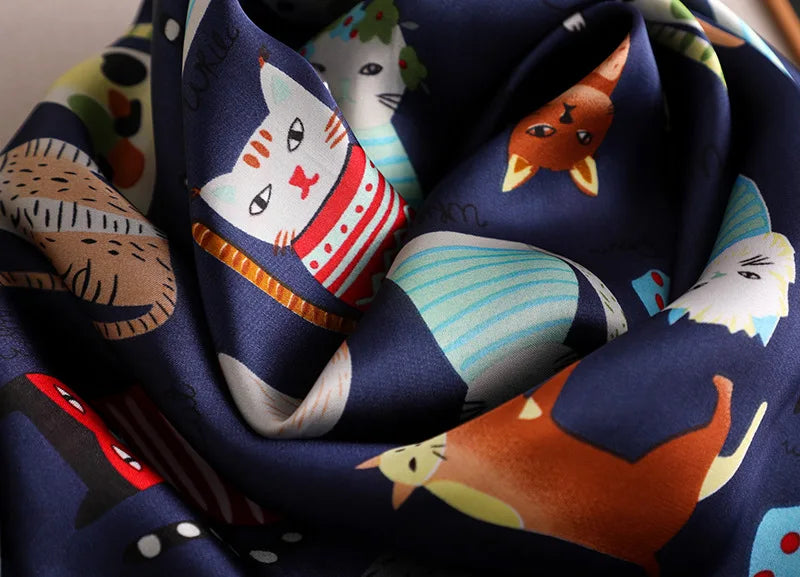 Spring and summer NEW Luxury Brand 90x90cm Silk Square Scarf Women Tie Hairband Cat printed Scarves Female Foulard scarf stores
