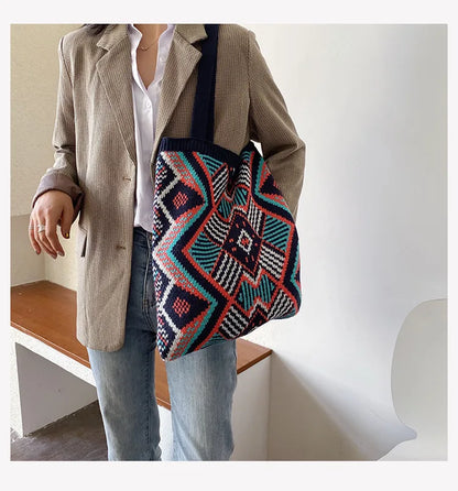 Lady Knitting Gypsy Bohemian Boho Chic Aztec Tote Bag Women Crochet Woolen Open Shopper Top-handle Bag 2022 Female Daily Handbag